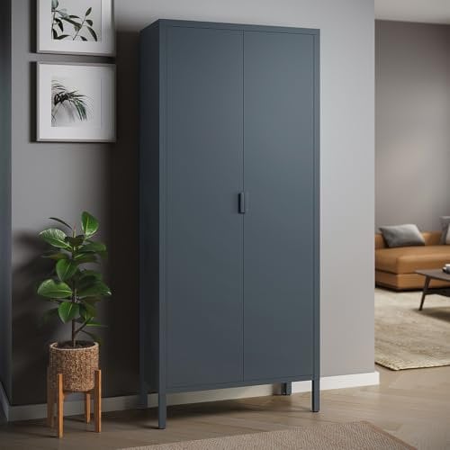 skølm Metallschrank Ituri, Kleiderschrank mit 2 Kleiderstangen, Schlafzimmerschrank Metall anthrazit Garderobenschrank mit 4 Ablagen 170 x 80 x 45 cm