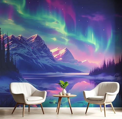 Fototapete 3D Effekt Tapete Nordlicht Tapeten, Schneebergsee Seidetapete Wandbilder Schlafzimmer Wanddeko Wohnzimmer 250×175 CM (W×H) Wallpaper Wand Deko