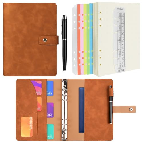 ANOMM A6 Ringbuch PU Leder Notizbuch, Notebook Binder, Nachfüllbares Notizbuch mit A6 Punktrasterpapier, Innentaschen, Registerteiler, Ordner Planer für Reisen Arbeit Schule Personal Organizer-Braun