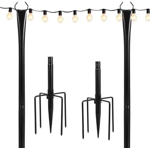 String Lights Poles 2 Pack 2.7M für außen hängenden Stahl String Pole mit Gabel Lichterketten Halterung Outdoor mit 2 in 1 Spiral Screw-in String Light Poles für Hinterhof Patio Party Hochzeit