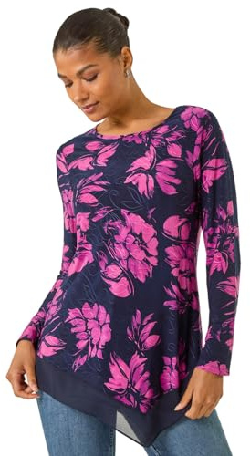 Roman Originals Chiffon Hem Top for Women UK - Ladies Asymmetric Hemline Stretchy Blouse Summer Spring Evening Vacation Work Holiday Short & Long Sleeve Smart Casual - Pink Navy - Size 16