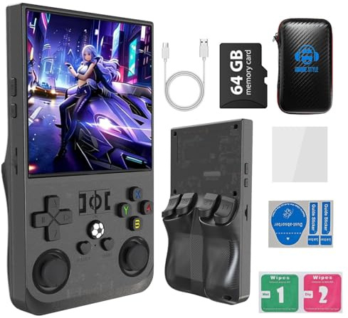 R36MAX - Console di gioco retrò, portatile, ricaricabile, portatile, 4000 mAh, comoda, antiscivolo, con auto TF 64G, schermo da 4, per ufficio, nero