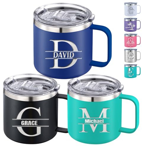 Nevaou Personalised Insulated Coffee Tumbler 12oz 14oz Custom Stainless Steel Coffee Mug with Handle Lid Name Initial Letter Engraved Travel Mug