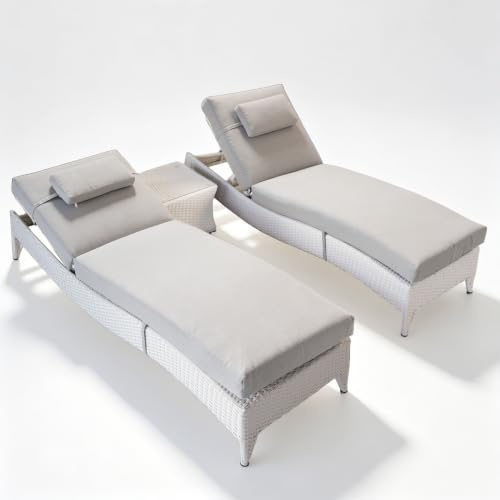 Ragnarök-Möbeldesign PolyRattan Sonnenliege Deutscher Hersteller - 8 Jahre GARANTIE Polster Tisch Glasplatte 2 Sonneliegen Set Belastbar 180Kg Gartenmöbel Rattan (Doppelte Halbrunde weiß)