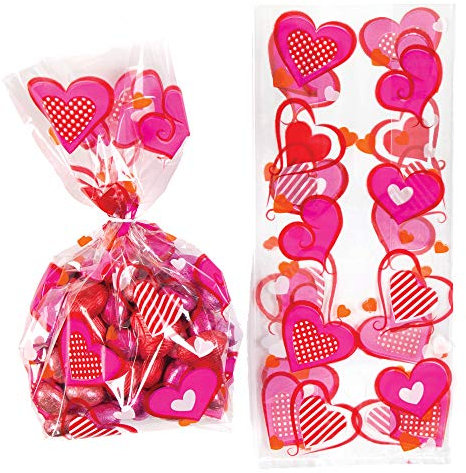 Baker Ross Zellophan-Geschenktüten mit Herzen u d Bindebändern für Kinder, perfekter Valentinstag-Partytütenfüller oder Geschenk für Kinder, 20 Stück