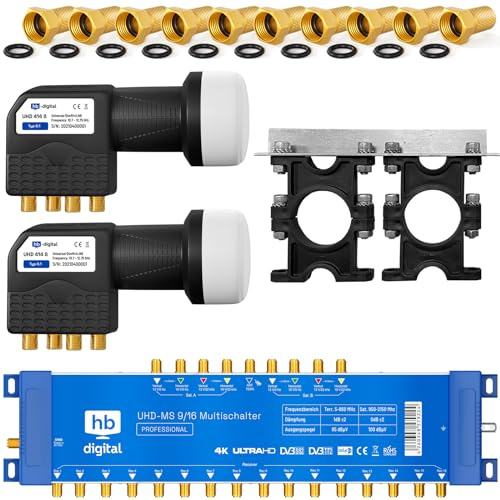 UHD Quattro LNB + Multicommutateur pmse HB-DIGITAL pour Full HDTV 3D 4K UHD avec bloc d'alimentation + fiche F dorée