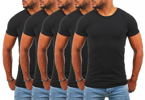 Young & Rich Herren Uni Basic T-Shirt mit Rundhals Ausschnitt einfarbig Stretch körperbetonte Dehnbare Passform 1701