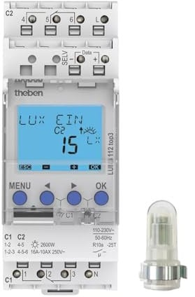 Theben 1120130 LUNA 112 top3 AL 2-Kanal Dämmerungsschalter mit externem Aufbau-Lichtsensor I Betriebsstundenzähler I Erweiterter Helligkeitsbereich