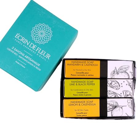 Écrin De Fleur - Seife Geschenkset – Seife Zitrone, Seife Minze und Seife Mandarine - Handgemachte Seifen, Natural Seife, Vegan Seife, Biologisch Abbaubare Seife, BIO-Zertifiziert