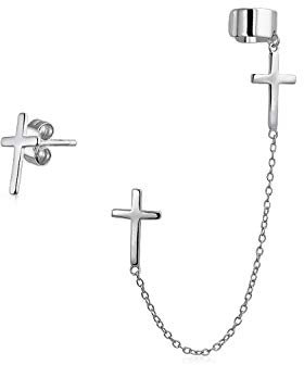 Religiöser Kreuz Ohrloch Knorpel Ohrclip Am Helix Linearen Langwickelkettchen Ohrmanschette Stud Ohrring Set Aus .925Er Sterlingsilber