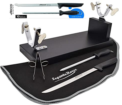 Jamonero fijo modelo Bodega en Color Negro WENGUÉ + Set DE Corte Semi Profesional con Cuchillo Y CHAIRA Arcos Niza + Pinza + Cubre Jamon Negro LepantoHouse