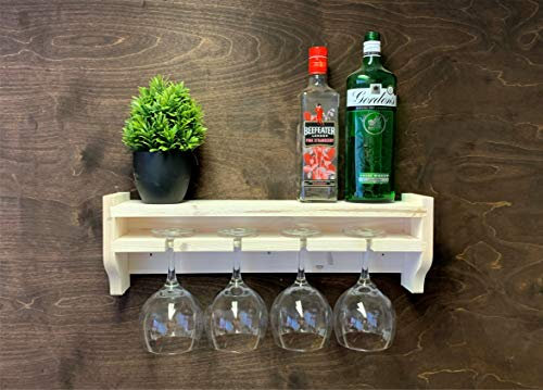 Shabby Chic Wooden Gin Bottle Shelf with 4 Glass Wall Mounted Display (GS-SC)(EM)