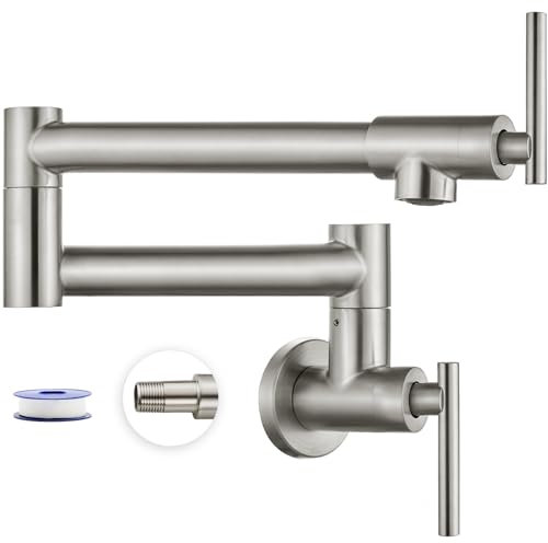 Heyalan Pot Filler Faucet Wall Mounted Stainless Steel 304 Brushed Nickel Double Joint Swing Folding Arms with Two Handles Single Hole Commercial Kitchen Sink Faucet Control Water