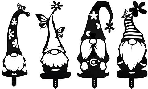 VOSAREA 4 Stücke Zwerg Figur Acryl Gartenzwerg Schwarz Deko Gartenstecker Gartenfiguren Tomte GNOME Garten Statue Skulptur Blumenstecker Gartendeko Rost Stecker für Rasen Terrassen Deko