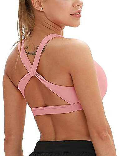 icyzone Damen Sport-BH, Ohne Bügel Gekreuzt Rücken Gepolstert Fitness Yoga Bra (L, Cameo Pink)