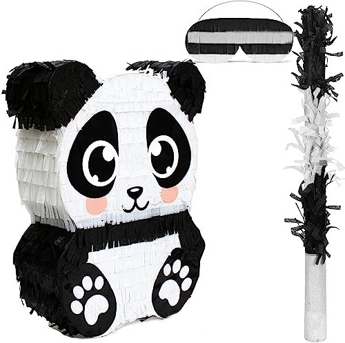 BIRCHIO Panda Pinata Set mit Augenbinde und Fledermaus (43 x 33 x 10 cm), Pinjata für Kinder, perfekt für kindergeburtstag und Dekoration