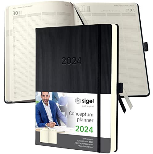 SIGEL C2404 Planungsbuch XXL, Terminkalender 2024, A4+, 1 Tag = 1 Seite, für 4 Personen, schwarz, Hardcover, 480 Seiten, Gummiband, Stiftschlaufe, Archivtasche, PEFC-zertifiziert, Conceptum