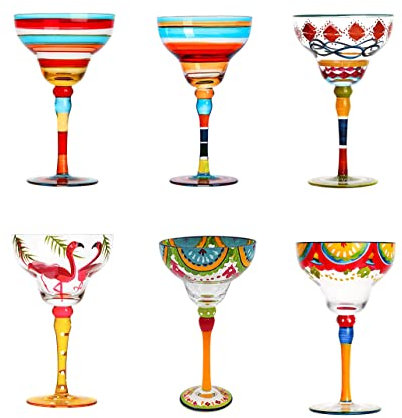 HIUHIU Vaso Copa Margarita Pintado, Colección Mexicana Vasos Margarita Sin Tallo Juego De Copas Único/Decorativo Cristalería Soplada A Mano Vasos Margarita,6pcs