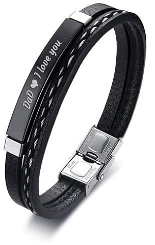 BCughia Armbänder Zum Gravieren, Bracelet Herren Leder Erkennungsmarke mit Gravur Dad I Love You Armband Geburtstag Geschenk 19.5x0.5cm