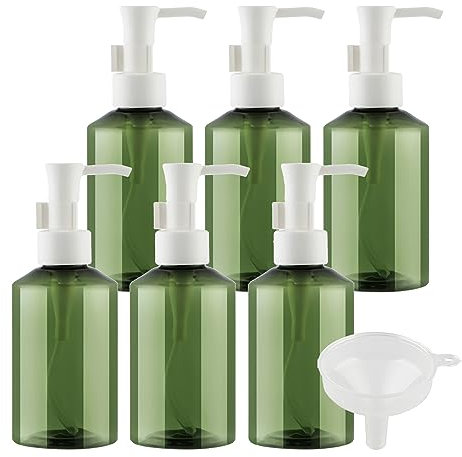 ZEOABSY 6 Pieces 150ml Refillable Green Lotion Bottle with White Pump, 150 ml Empty Plastic Shampoo Liquid Hand Soap Shower Bottles, Gel Essential Oil Containers,Washing Cream + 1 x Funnel