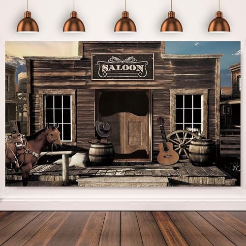 2.1x1.5m Toile de Fond Western Cowboy Vintage West Saloon Maison en Bois Porte de Grange Retro Roue de Cheval Fond de Photographie Country Western Birthday Party Decorations Banner Photo Booth Props
