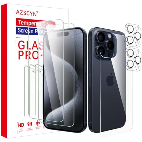Rückseite Schutzfolie für iPhone 15 Pro, 2 Stück Panzer Schutz Glas + 2 Stück Kamera Panzer Schutz Glas, HD Klar Schutzglas Panzerfolie, Displayschutzfolie-kratzfest -keine Luftblasen -9H-Härteglas