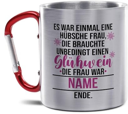 Glühweintasse Bedrucken - Edelstahl Tasse mit Karabiner mit Name - Es war einmal - Personalisiertes Geschenk für Freunde | 300 ml, doppelwandig