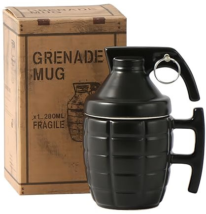 MBSM Creative Mug 9oz, Cup Hand Grenade, Hand Grenade Coffee Mug, 3D Grenade Beer Mugs, Funny Cappuccino Cup, Tea Cup with Lid, Ceramic Cup, Funny Gifts for Men, Kids, Military Fans