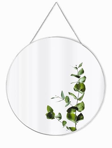 GreyZouq Large Silver Round Metal Rimmed Wall Mirror with Chain (50cm). Perfect for Bathroom, Bedroom Hallway and Living Room Contemporary Vintage.