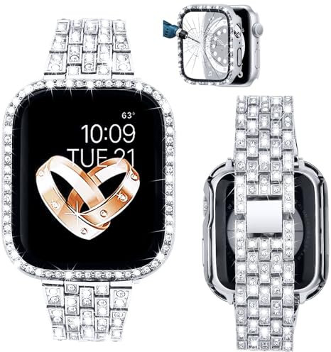 VISOOM Women Bling Diamond Straps and Case Compatible with Apple Watch Strap 40 mm, Fashion Sparkle Jewelry Metal Bracelets Wristband Dressy iWatch Band Series SE 6 5 4-Silver