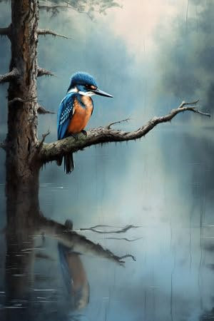 adrium Poster-Bild 60 x 90 cm: Eisvogel auf einem Ast im See. Digitale Zeichnung. (211232650)