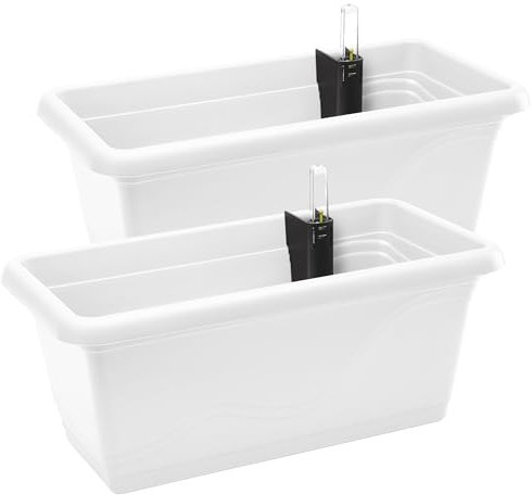Garronda Blumenkasten Balkon Blumentopf mit Bewässerungssystem und Wasserstandsanzeiger Pflanzen GD-0073 (Weiß, 2 Stück, Länge=39cm)