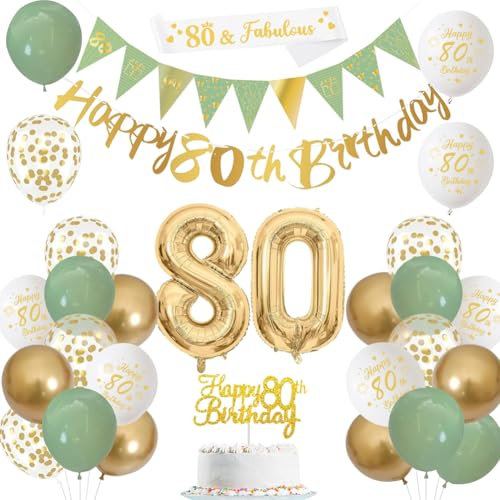 Sage Green Gold White 80th Birthday Banners, Balloons, Cake Topper, Sash, Bunting, Flags, Number Helium Balloons for Men & Women's 80th Party Decor