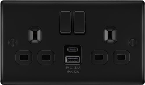 Generic BG Nexus Matt Black Double Socket with USB Type A & Type C (12W) NFB22UAC12B