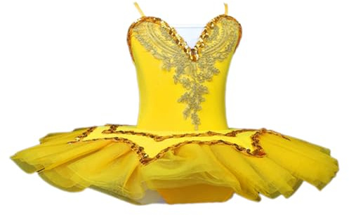 Nuevas Niñas Bailarina Hada Fiesta De Graduación Traje Niños Lentejuelas Flor Ballet Tutú Vestido Competencia Profesional Ropa De Baile Gimnástico Leotardo Sin Mangas Cuello En V,Amarillo,130cm