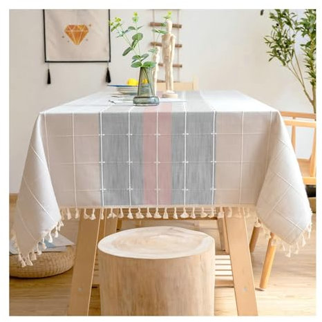 BCughia Tischdecke 140x300CM Rechteckig, Tischdecke Fleckschutz Leinen Plaid mit Quasten Tischtuch für Indoor, Outdoor, Essen, Küche, Rosa Grau