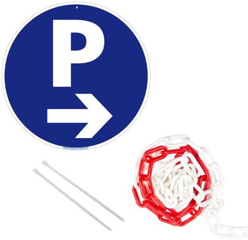 Signalétique.biz France - panneau rond en aluminium 300mm - Parking flèche à droite, avec chaîne plastique rouge et blanche 5m + colliers de serrage.