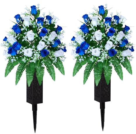 LVXINLI Artificial Cemetery Flowers, Gravesite Decoration Roses, Memorial Bouquets with Cemetery Vase, Vibrant and Long-Lasting Colors (Dark Blue+White, 2 Bundles)