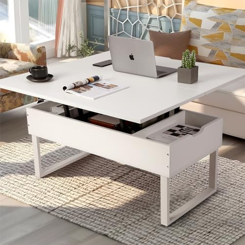 VOWNER Couchtisch Höhenverstellbar, 3-in-1-Multifunktions-Wohnzimmertisch mit Versteckter Aufbewahrung, Couchtisch Umwandelbar in Wohnzimmer-Esstisch (Weiß)