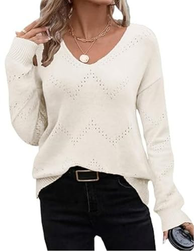 Zeagoo Suéter de Punto para Mujer Cuello en V Liso de Otoño Manga Larga de Crochet Casual de Invierno Tejido Beige XL