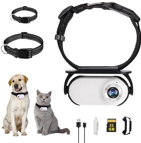 Dog Collar Camera with 32GB SD Card, Cat Camera Collar Wifi, Pet Collar Camera for Cats, No Wifi Needed Action Camera Wireless, Mini Body Camera, Collar Camera for Dogs Cats Indoor/Outdoor (White)