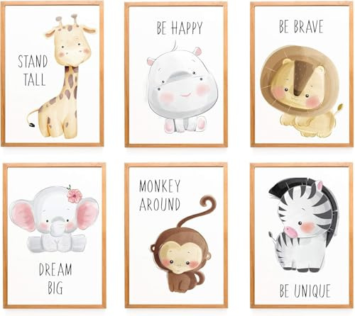 WIETRE 6er Set Bilder Tiere Kinderzimmer Babyzimmer Deko | Bild Junge Mädchen Poster DIN A3 XXL | Waldtiere Safari Afrika Tiere Tierposter Dekoration (ohne Rahmen)