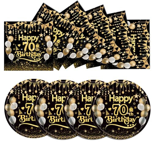 EVYIENEN 50 Stück 70th Geburtstag Pappteller und Servietten, Schwarz Gold Geburtstag Party Geschirr, Pappteller Set, Tischdekoration für Picknicks