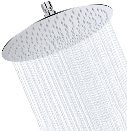 Rain Shower Head 10 Inch Round Showerhead Ultra Thin High Pressure Rainfall Shower Head Stainless Steel 304 Self Cleaning Silicone Full Body Coverage Modern Luxury Rainfall Showerhead