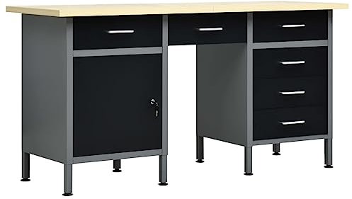 Hommdiy Arbeitstisch mit 6 Schubladen 1 Schrank Höhenverstellbare Füße Werkstatt Werkbank Werktisch Packtisch Schwarz 160x60x85cm Stahl