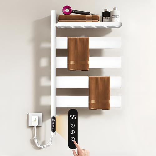DOKKOME Handtuchheizkörper Elektrisch Mit Lagerregal Bad Handtuchtrockner Elektrisch 180°Drehung HandtuchwäRmer Elektrisch BadheizköRper HeizköRper Mit Timer Und Thermostat 30-70℃ Weiß