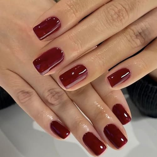 24 Wine Red False Nails with Jelly Adhesive and Nail File - Short and Square Press-On Tips - Complete Set of Nail Art Accessories