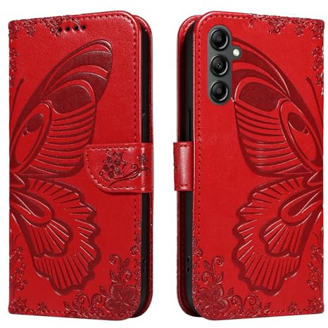 NEXCURIO Handyhülle für Samsung Galaxy A14 4G 5G Hülle Klappbar Schmetterling mit Kartenfäch Klapphülle Leder Schutzhülle Wallet Flip Case Cover Handy Tasche Handytasche - Rot