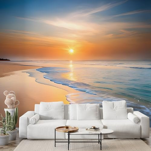 Selbstklebende Tapete Ozean Sonnenuntergang Wandbilder, Vlies Fototapete mit Landschaft Motiv, 3D Effekt Wandtapete Deko, Abziehen & Aufkleben, 200x140 cm - S-892