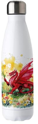 Welsh Dragon Stainless Steel Water Bottle - Yellow Daffodils Patriotic Welsh Gifts - Double Walled 500ml Metal Hot/Cold Drinks Bottle Outdoor Presents